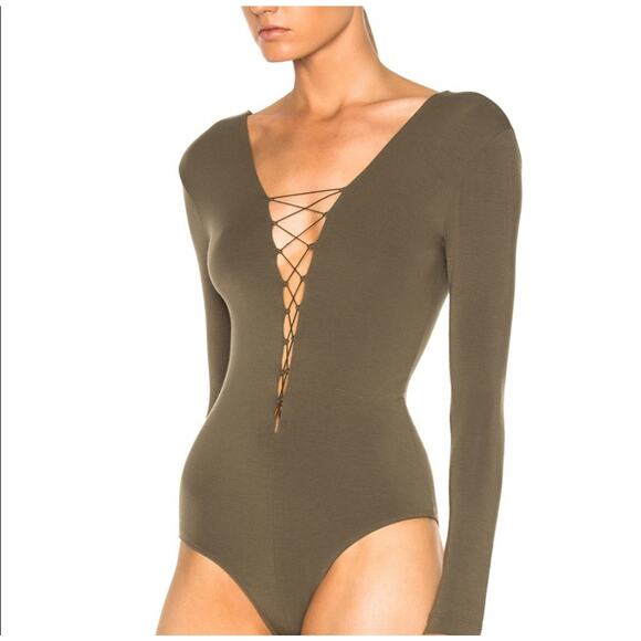 Alexander Wang Long Sleeve, Army Green Colored, Lace Up Bodysuit Size‎ S - Picture 1 of 7